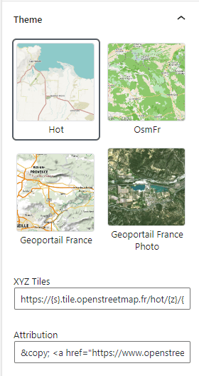Choix du fond de carte présentant le thème Hot, OsmFr, Géoportail France et Géoportail France Photo