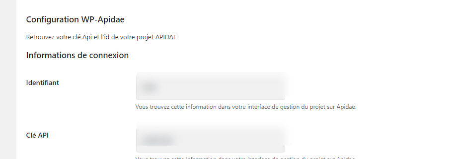 Onglet Connexion Apidae des réglages WP-Apidae : champs Identifiant et Clé API du projet Apidae