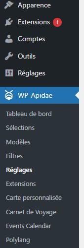 Entrée WP-Apidae dans le menu latéral de l'administration WordPress avec ses sous-items