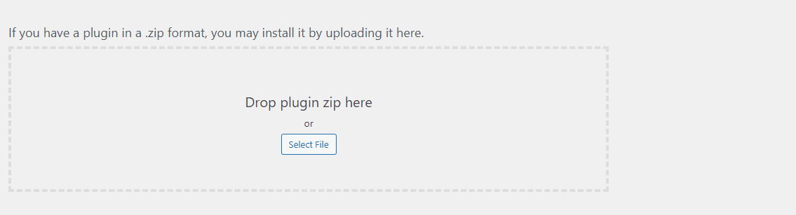 Zone de dépôt Drop plugin zip here dans WordPress pour téléverser une archive zip d'extension