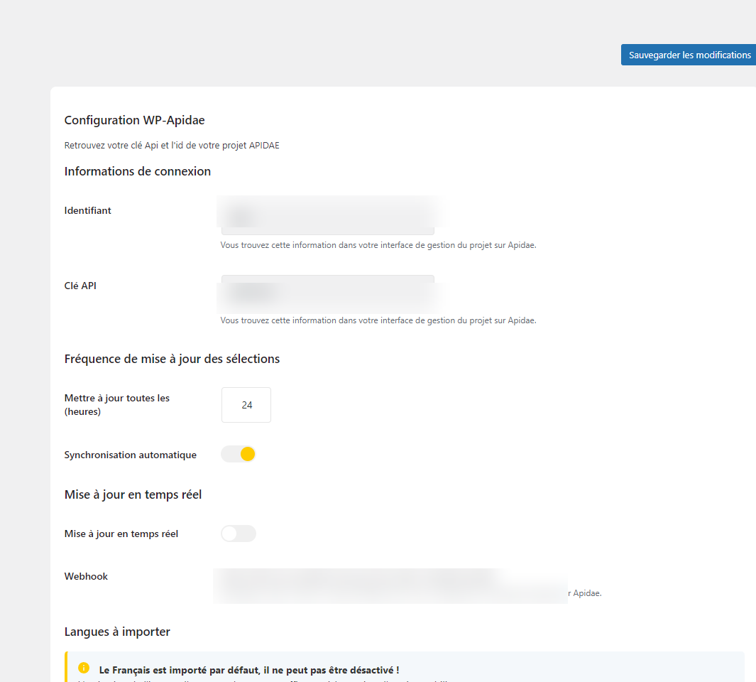 Onglet Connexion Apidae des réglages WP-Apidae avec les sections Informations de connexion, Fréquence de mise à jour, Mise à jour en temps réel, Langues à importer