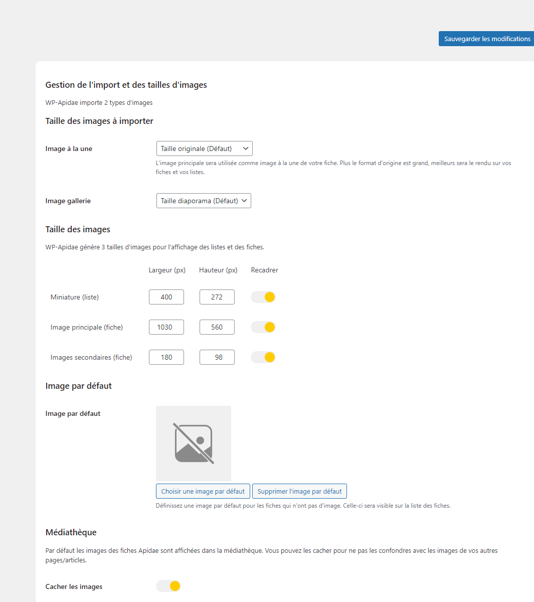 Onglet Images : 2 types d'images importées et 3 tailles générées avec largeur, hauteur et option de recadrage