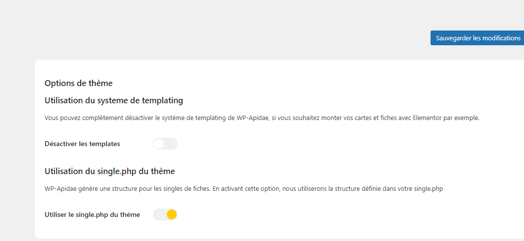 Onglet Thème : option pour désactiver le système de templating et option pour utiliser le single.php du thème