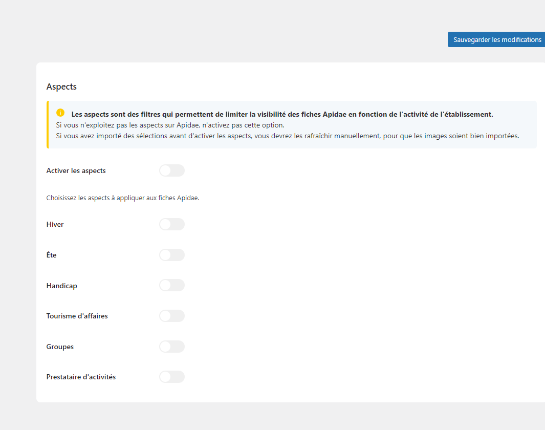 Onglet Aspects : filtres Apidae par activité d'établissement — Hiver, Été, Handicap, Tourisme d'affaires, Groupes, Prestataire d'activités