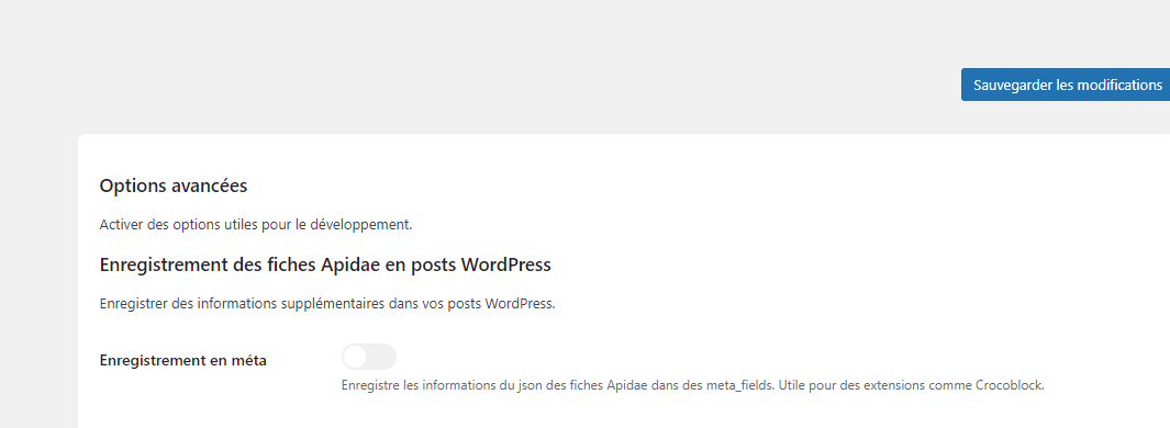 Onglet Options avancées : toggle Enregistrement en méta des fiches Apidae dans les meta_fields WordPress