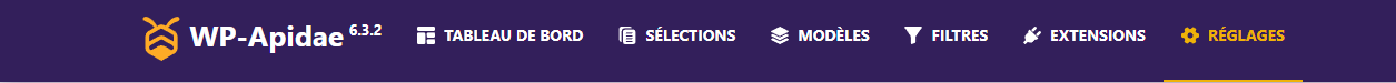 Interface WP-Apidae v6.3.2 : logo et 6 onglets principaux (Tableau de bord, Sélections, Modèles, Filtres, Extensions, Réglages)