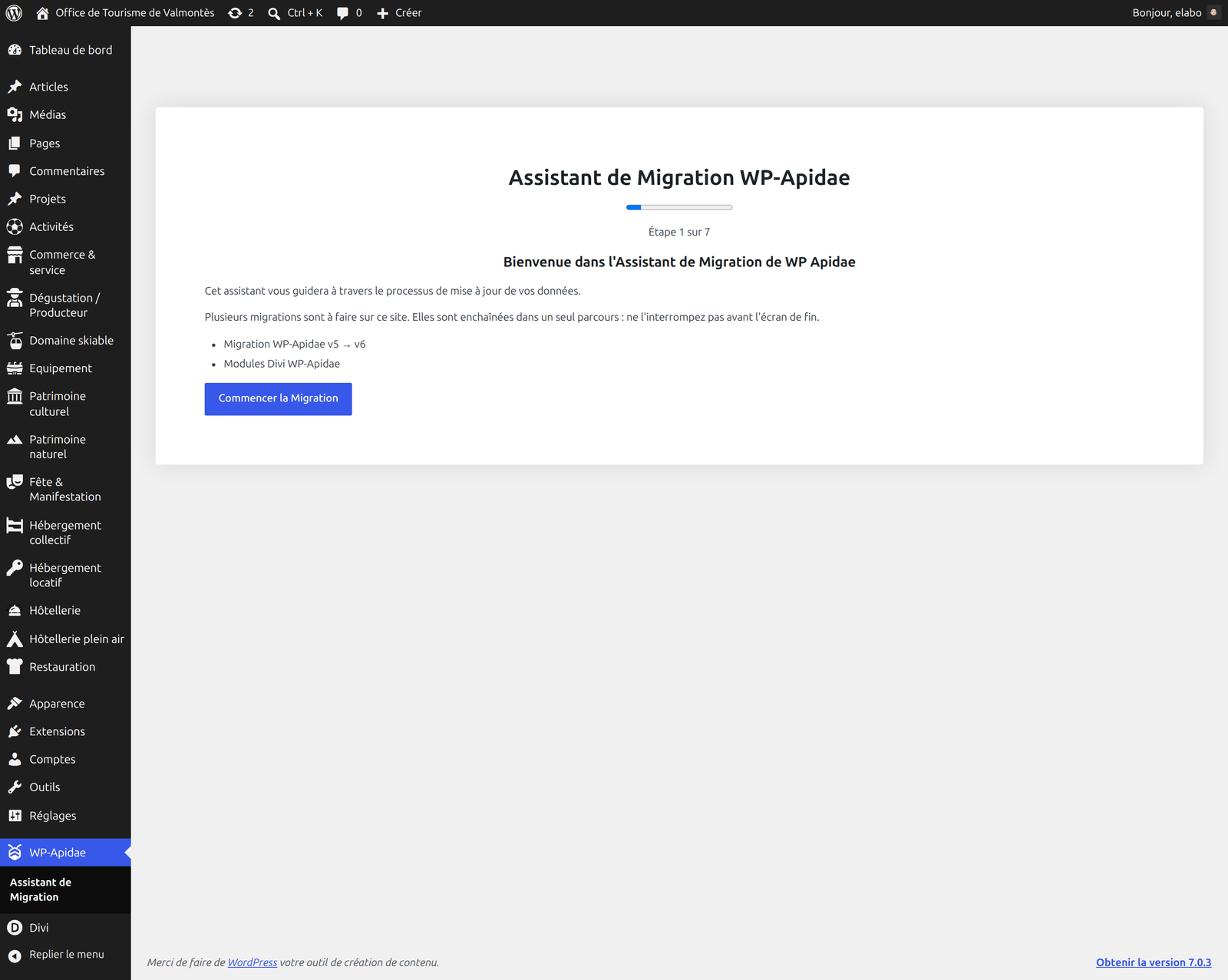Écran d'accueil de l'assistant de migration WP-Apidae