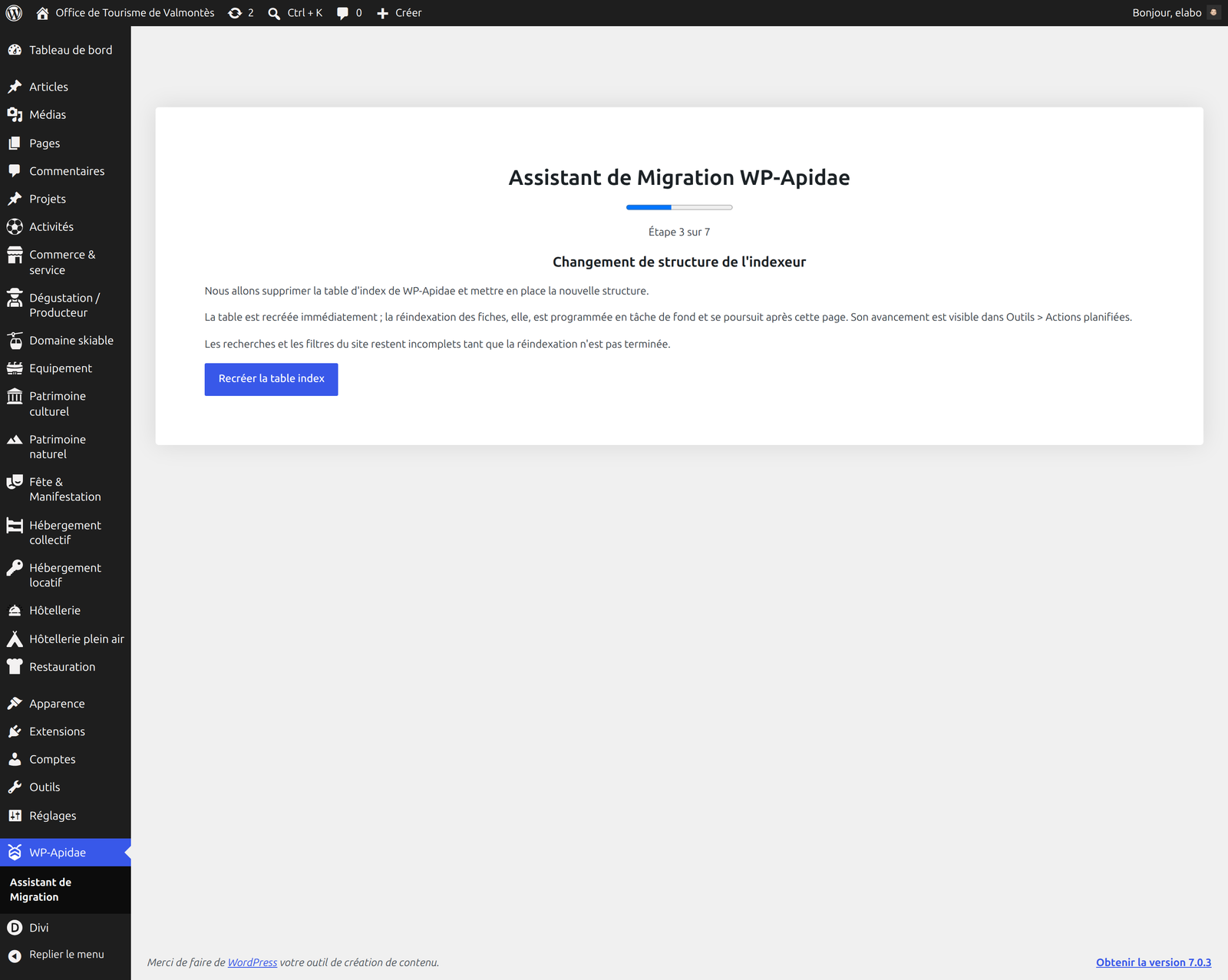 Étape de changement de structure de l'indexeur