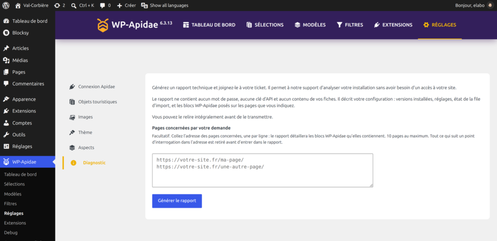 Administration WordPress : menu WP-Apidae, page Réglages, onglet Diagnostic sélectionné