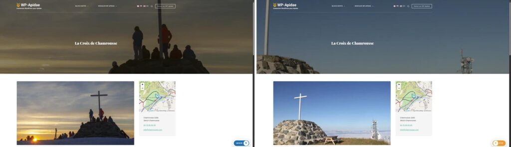 La même fiche Apidae affichée en hiver puis en été : la photo de couverture et le bandeau de la page changent avec la saison.