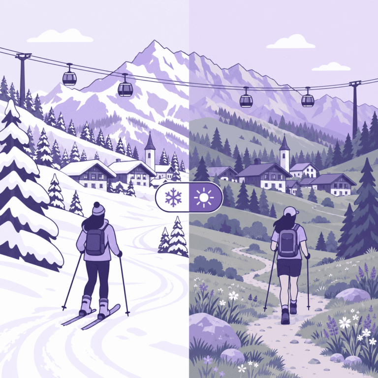 Un village de montagne en hiver et en été, avec un sélecteur flocon/soleil au centre.