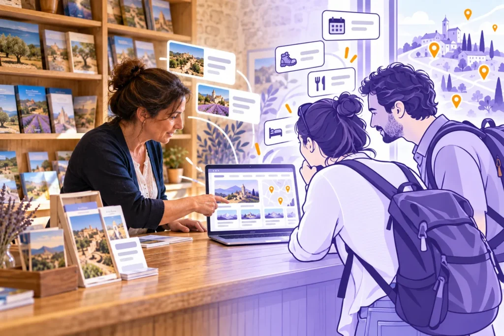 Au comptoir d'un office de tourisme, une conseillère montre à deux randonneurs le site de l'office sur son ordinateur.