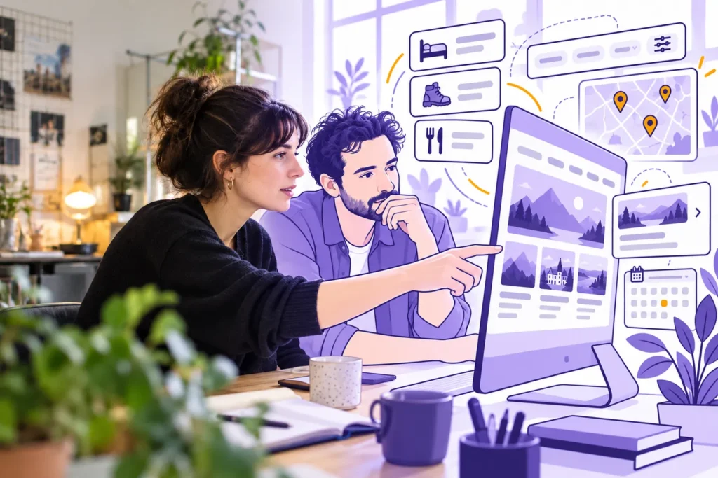 Deux personnes d'une agence web devant un écran : la page du site déborde de l'écran en fiches, carte et agenda.