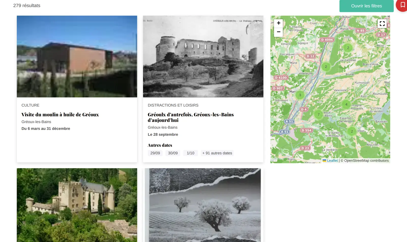 L'agenda du site de démo : des fiches d'événements en cartes, et la carte des lieux à côté.