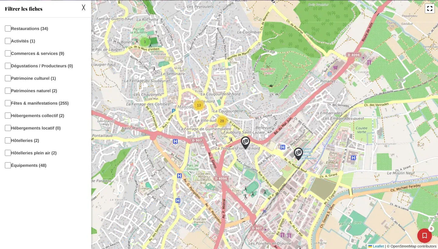 Le panneau « Filtrer les fiches » ouvert sur la carte : un type de fiche par case, avec son nombre de fiches.