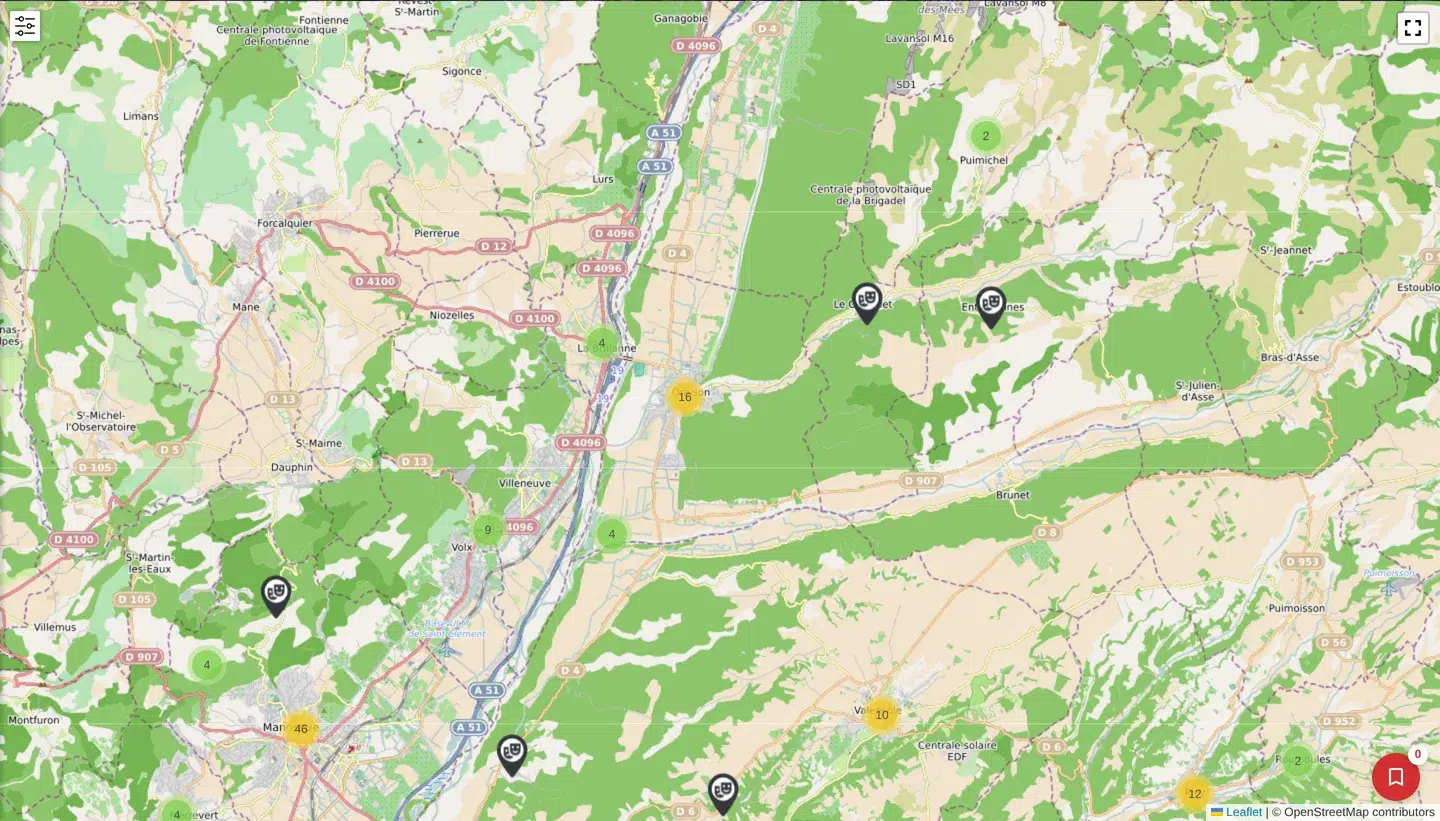 La carte globale du site de démo à l’échelle du territoire : les fiches regroupées par secteur, de Manosque à Oraison et Valensole.