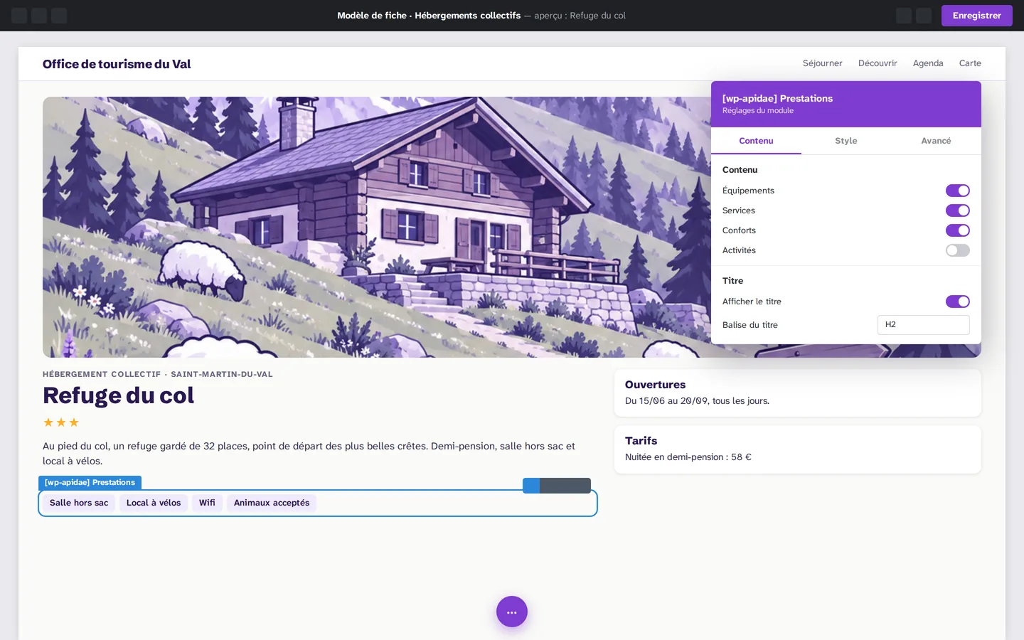 Un modèle de fiche WP-Apidae dans le Visual Builder de Divi 4 : le module Prestations sélectionné, ses réglages ouverts (équipements, services, conforts, activités, titre).