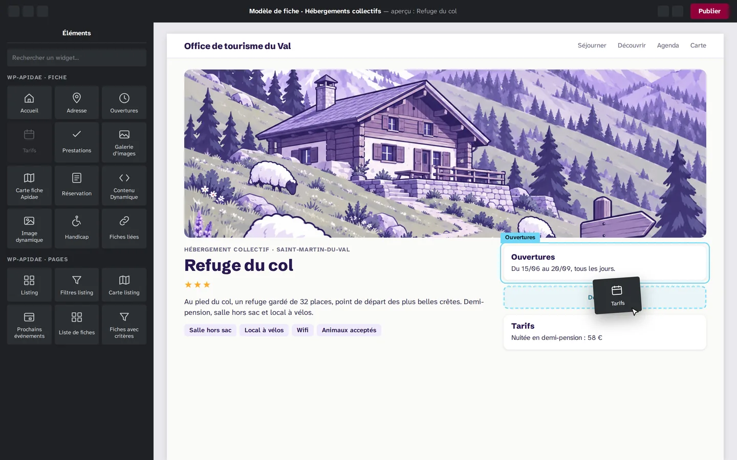L’éditeur Elementor ouvert sur un modèle de fiche WP-Apidae : les widgets Apidae dans le panneau, le widget Tarifs glissé dans la colonne d’une fiche d’hébergement, le widget Ouvertures sélectionné.