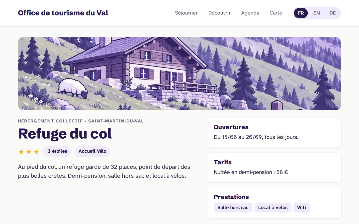 Une fiche d’hébergement sur ordinateur, en français : catégorie, classement, descriptif, ouvertures, tarifs et prestations, le sélecteur de langue sur FR.