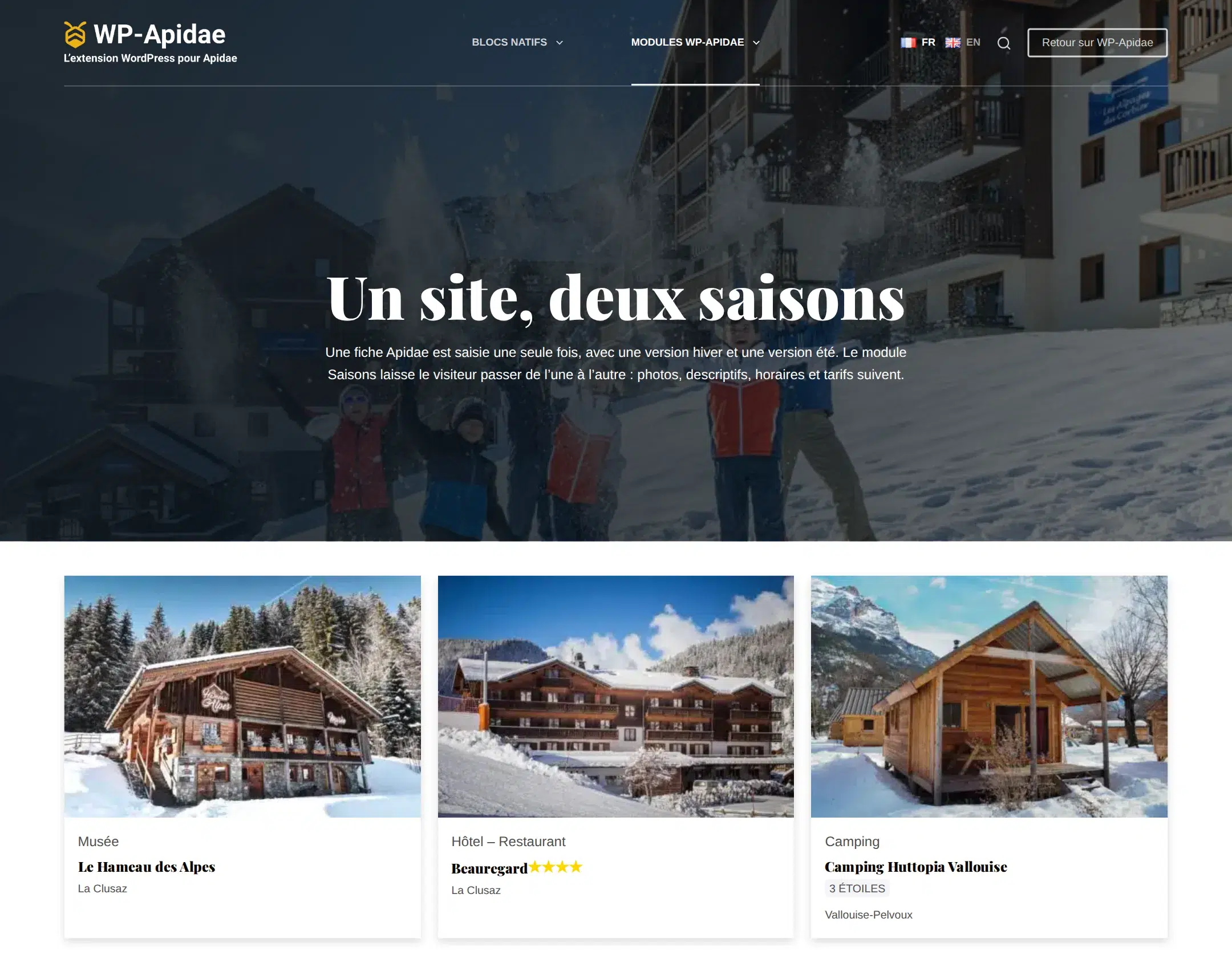 Capture du site de démo en hiver : bandeau enneigé et trois fiches (musée, hôtel, camping) avec leurs photos d'hiver.