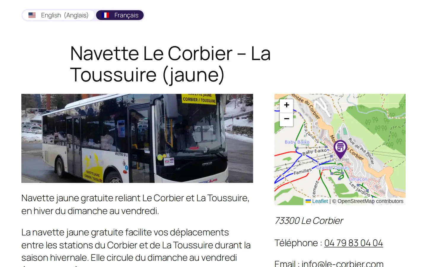 La fiche d’une navette sur ordinateur, en français : photo, descriptif, carte et coordonnées, le sélecteur de langue sur Français.