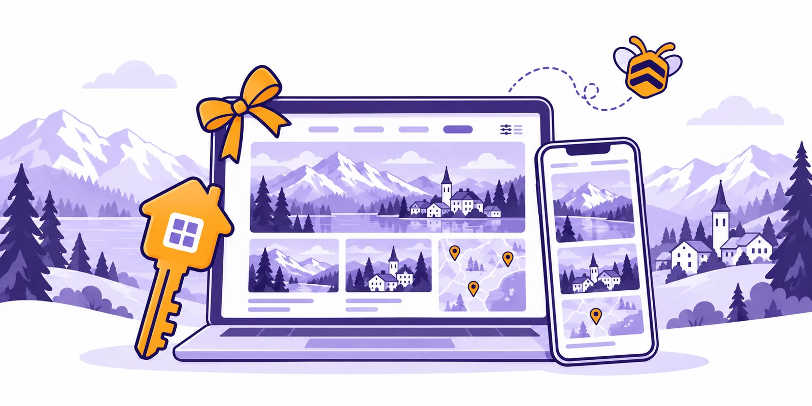 Une grande clé dont l’anneau a la forme d’une maison, posée contre un ordinateur et un téléphone qui affichent un site touristique : montagnes, lac, village et carte.
