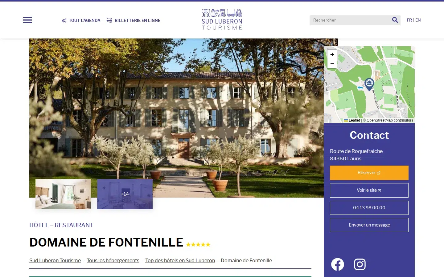 Le site du Luberon Sud sur ordinateur : la fiche Apidae d’un hôtel, avec ses photos, sa carte et son contact.
