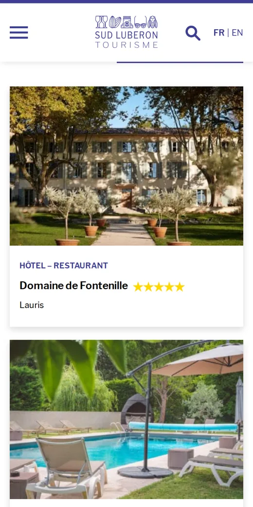 La liste des hôtels du site du Luberon Sud sur téléphone, tirée d’Apidae.