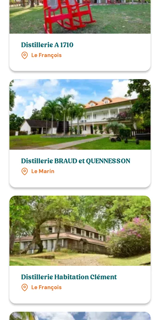La liste des habitations et distilleries du site de Sud Martinique Tourisme sur téléphone, tirée d’Apidae.
