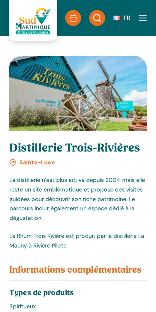 La fiche Apidae d’une distillerie du site de Sud Martinique Tourisme, sur téléphone.