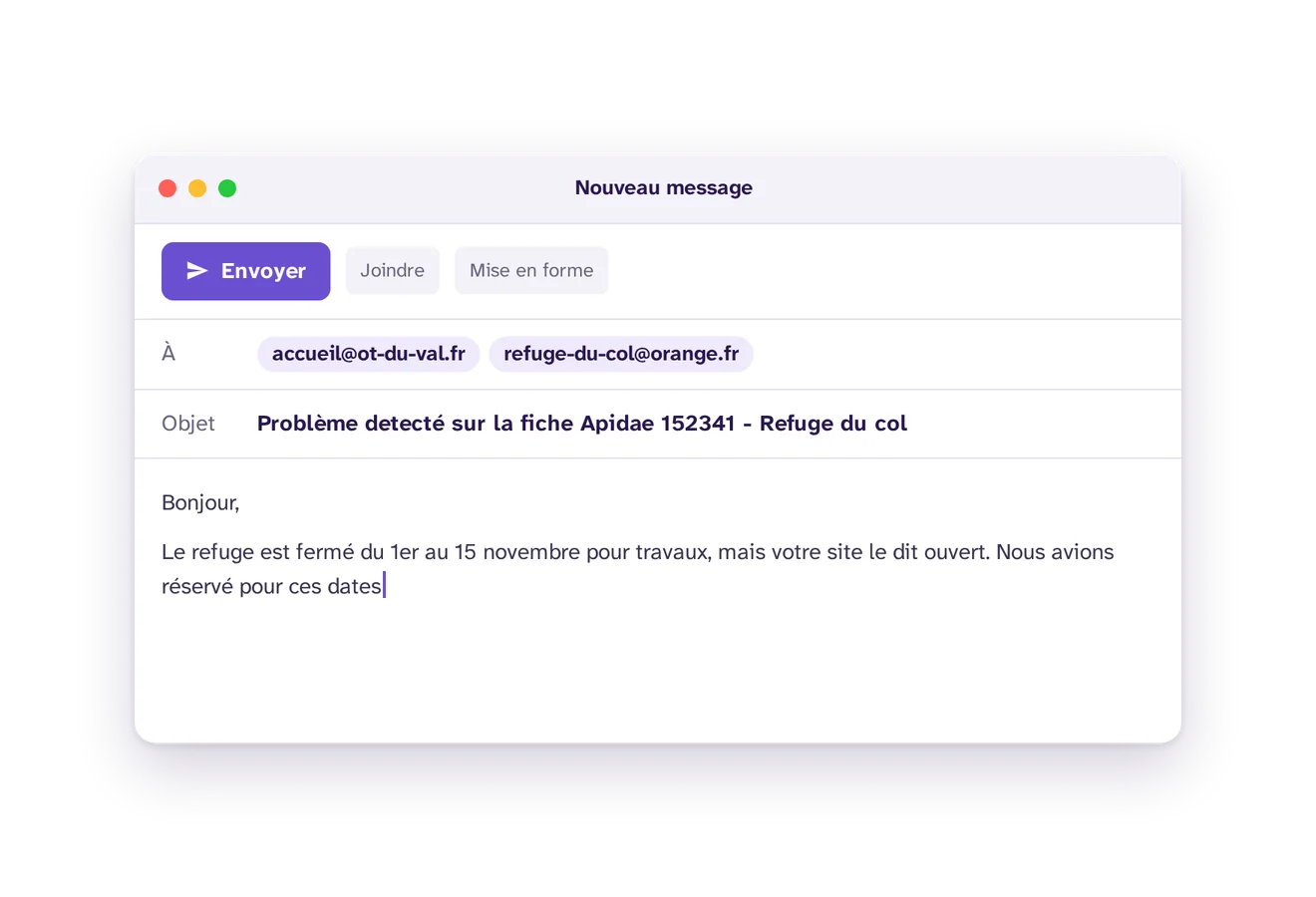 Le courriel qu’ouvre le bouton Signaler une erreur : adressé aux contacts de la fiche, avec son numéro Apidae et son nom en objet ; le visiteur y écrit ce qui ne va pas.