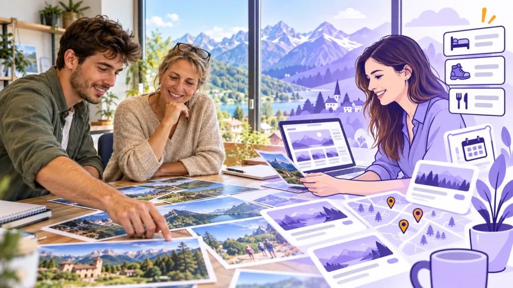 Une équipe autour d'une table couverte de photos du territoire, qui deviennent des fiches et une carte sur l'ordinateur.
