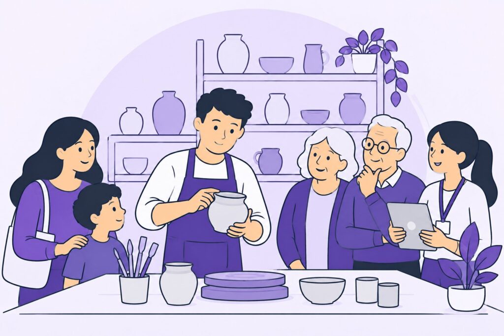 Illustration : une conseillère d'office de tourisme accompagne un petit groupe, une famille et deux seniors, dans l'atelier d'un artisan qui leur montre son geste