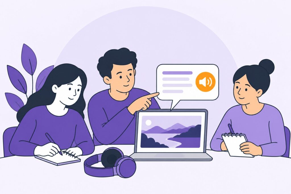 Illustration : trois personnes d'une équipe d'office autour d'un ordinateur, l'une montre la description d'une photo destinée au lecteur d'écran, les autres prennent des notes