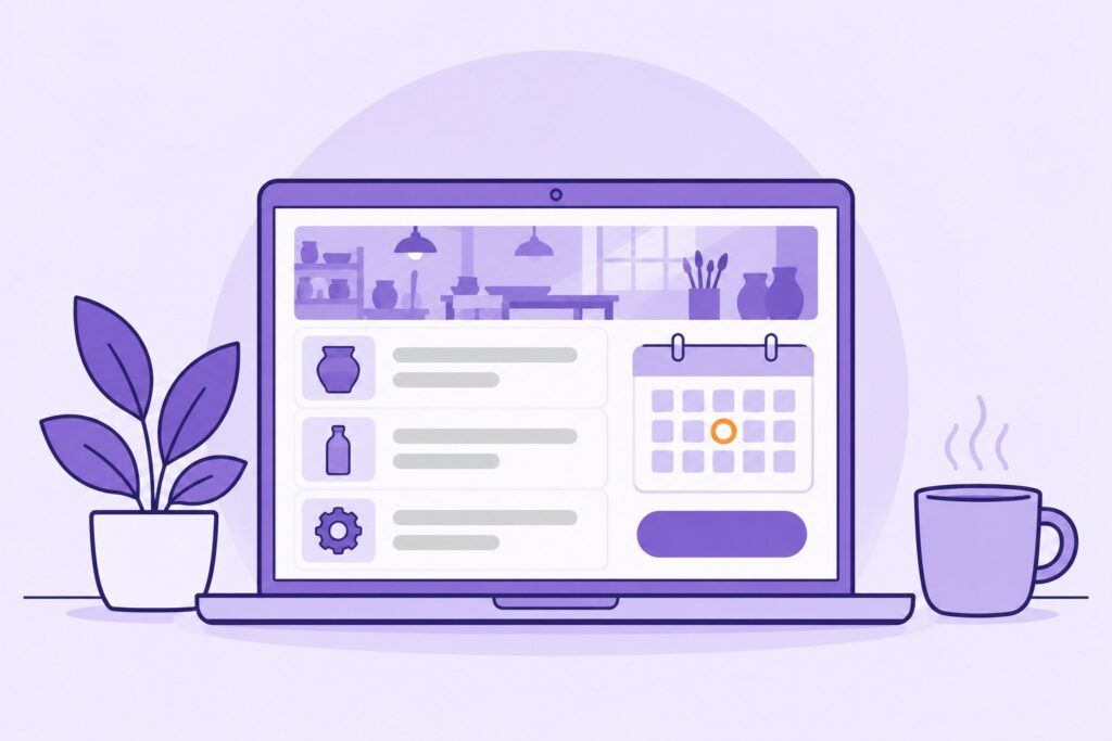 Illustration : un ordinateur portable affiche une page de visites d'entreprise, avec une photo d'atelier, une liste de visites, un calendrier et un bouton ; une plante et une tasse à côté