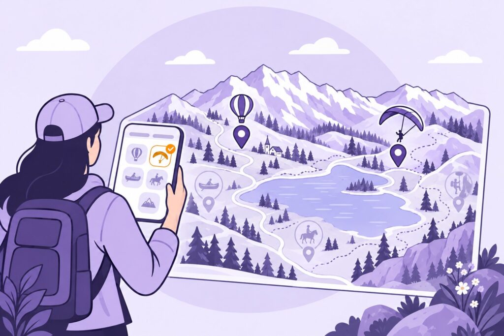 Illustration : un filtre coché, et sur la carte il ne reste que la montgolfière et le parapente