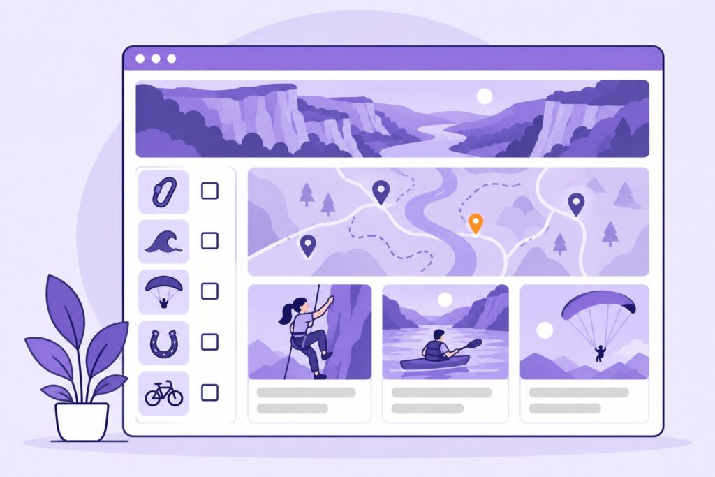 Illustration : une page avec des filtres par activité à gauche, une carte et des fiches à droite