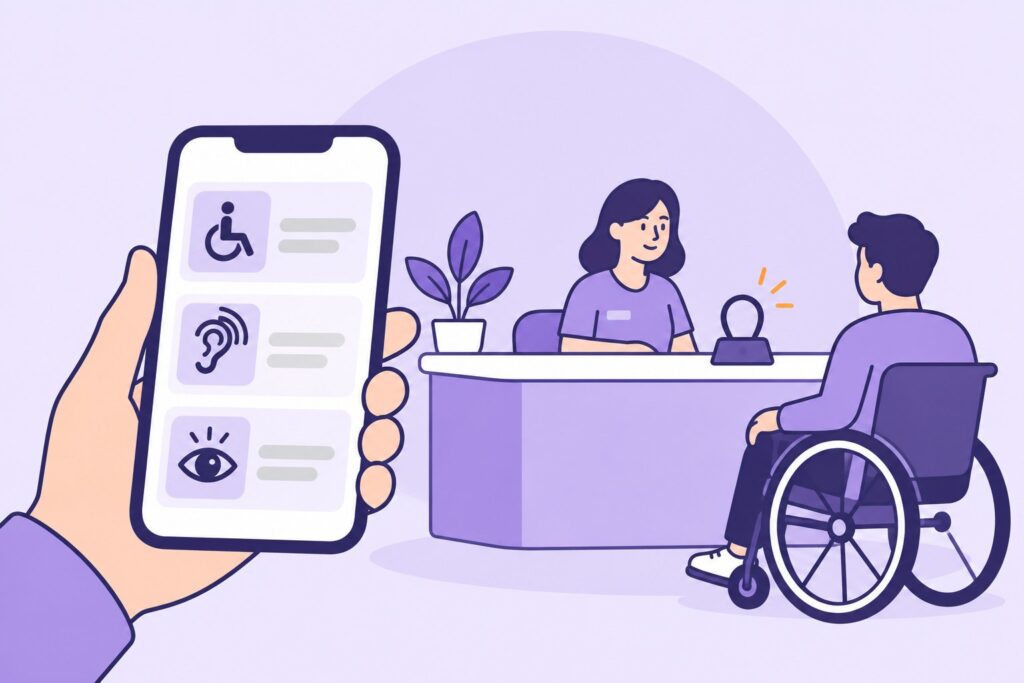 Illustration : un téléphone affiche une page d'accessibilité découpée par type de handicap, devant un comptoir d'accueil bas où une conseillère reçoit un visiteur en fauteuil