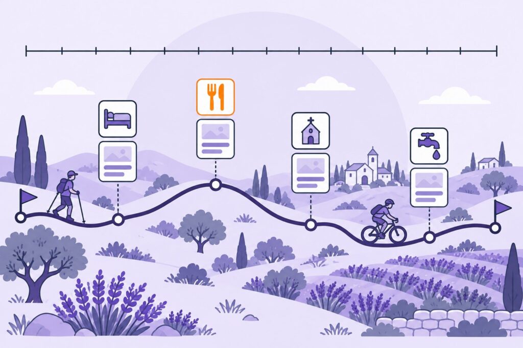Illustration : un sentier avec, le long du parcours, un gîte, une auberge, une chapelle et un point d’eau