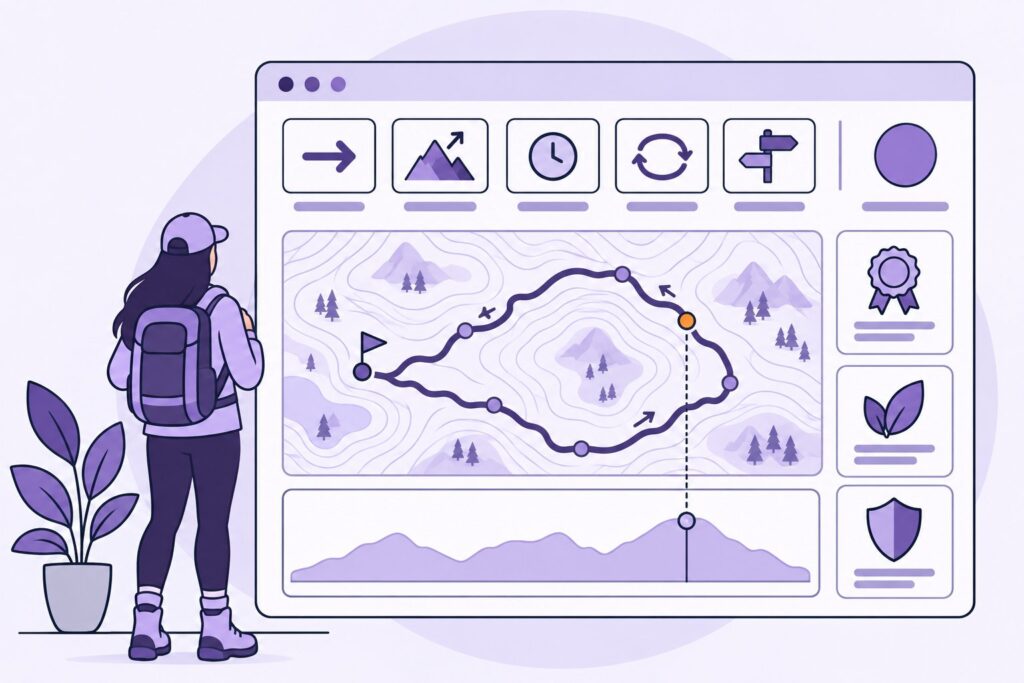 Illustration : la fiche d’un itinéraire avec ses chiffres clés, la carte du tracé, le profil d’altitude et les labels