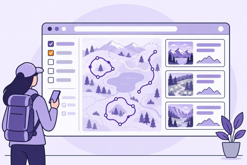 Illustration : une page de randonnées avec des filtres, une carte des tracés et des vignettes avec leur profil