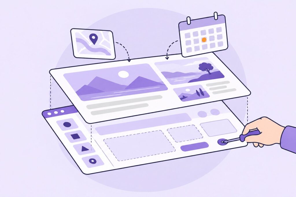 Illustration : une page de site vue en couches superposées, le gabarit en bas, les contenus au-dessus, une carte et un calendrier de réservation venus d'ailleurs, une main qui ajuste un élément du gabarit