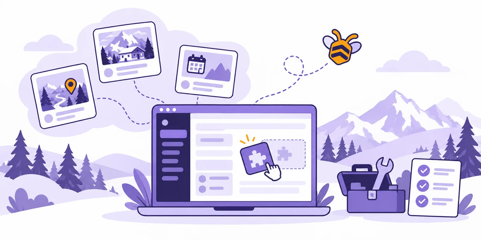 Un ordinateur ouvert sur l’administration d’un site WordPress, où une extension se branche ; des fiches touristiques Apidae arrivent jusqu’à lui, une caisse à outils et une liste cochée à côté.