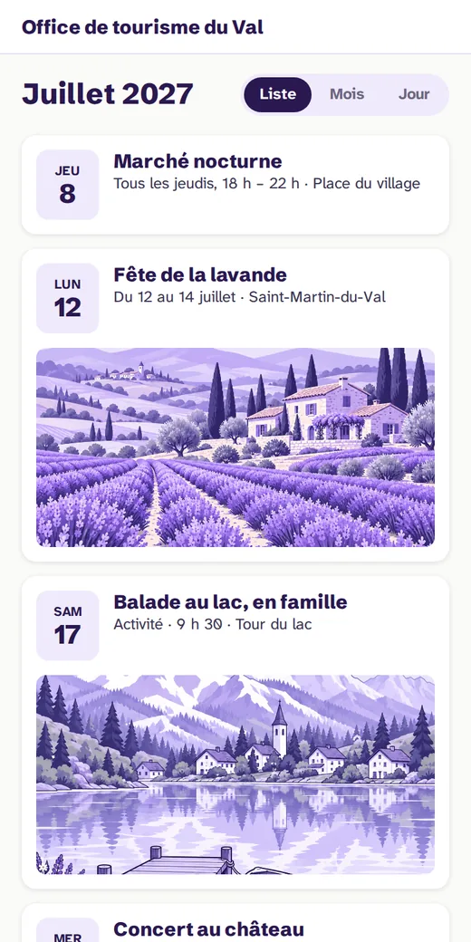 Le même agenda en liste sur téléphone : date, nom, horaires et lieu de chaque événement.