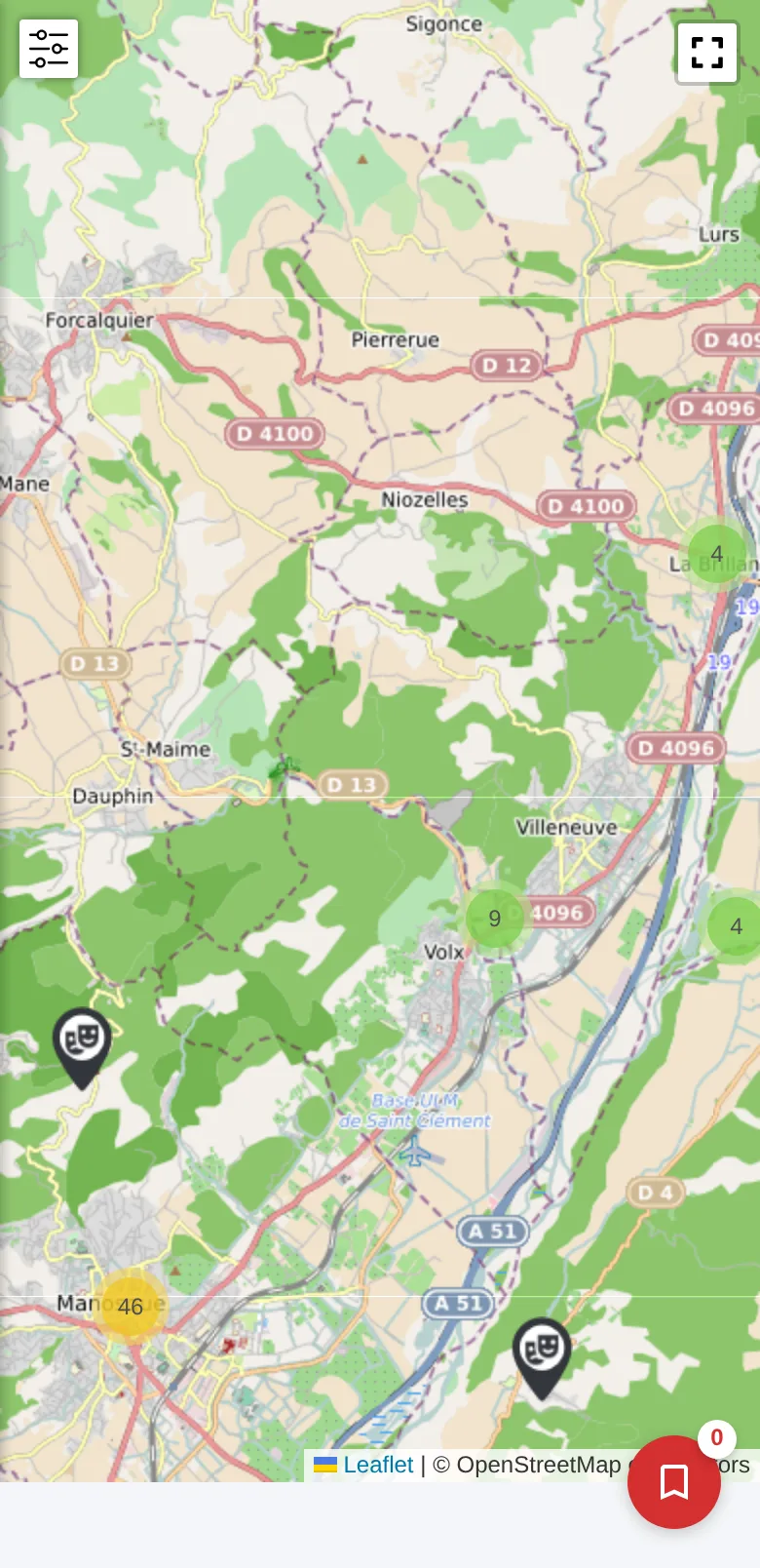 La carte globale sur téléphone : les fiches regroupées autour de Manosque, Volx et Villeneuve.