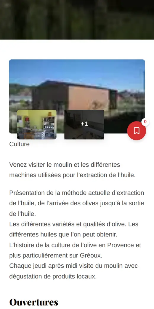 Une fiche Apidae sur téléphone : photo, descriptif et informations pratiques.