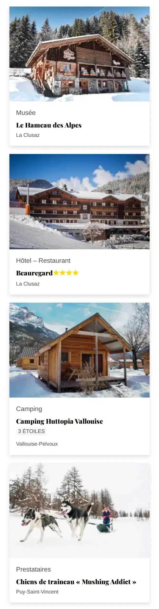 Capture mobile du site de démo : quatre fiches complètes, catégorie, nom et commune.