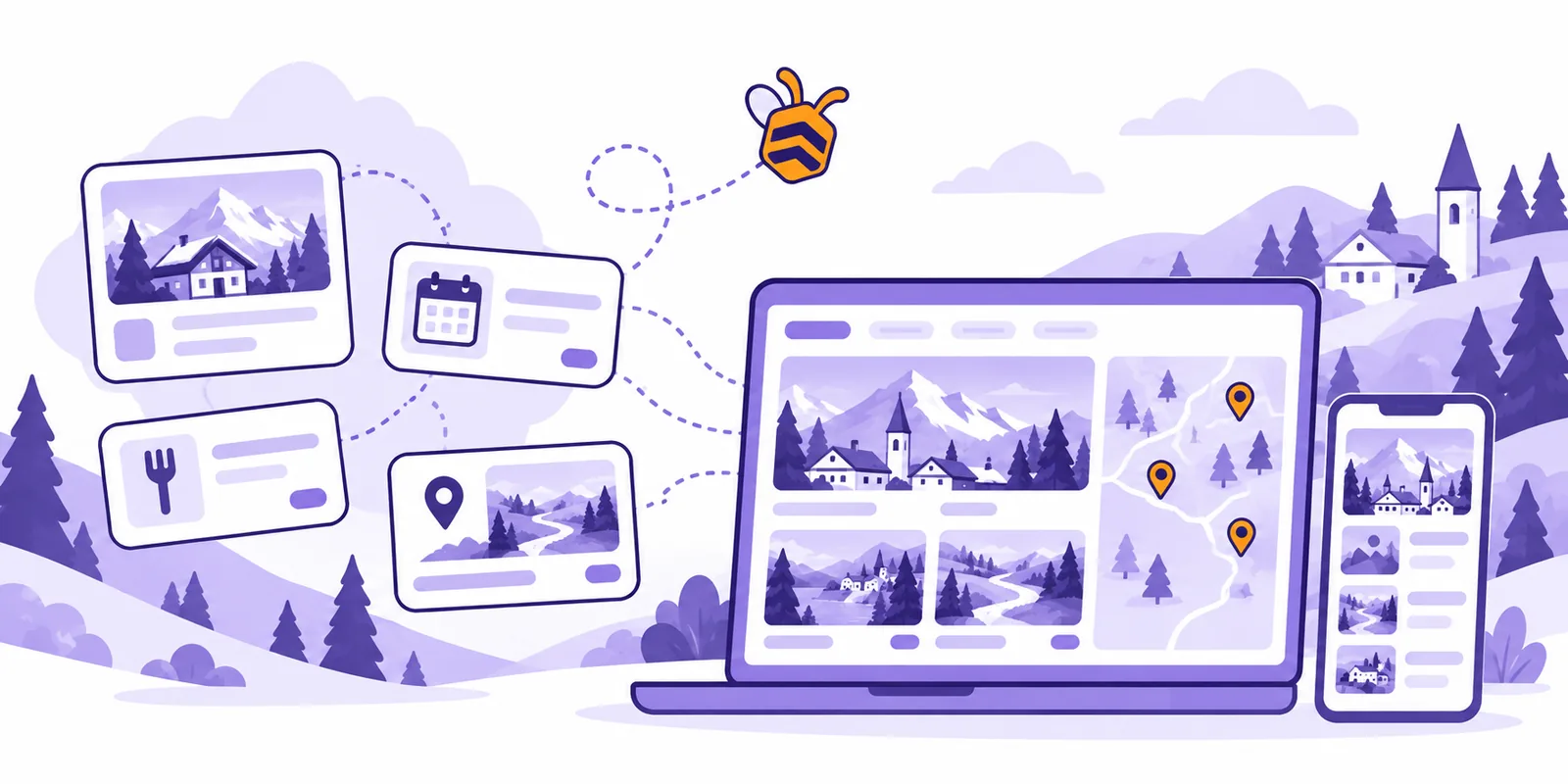 Des fiches touristiques Apidae, un refuge, un événement, un restaurant, une randonnée, publiées sur un site web ouvert sur un ordinateur et un téléphone.
