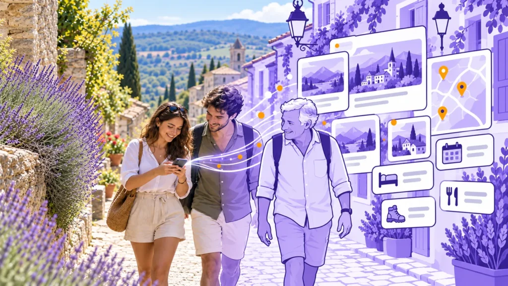 Dans une ruelle de village, une visiteuse consulte son téléphone : les fiches du territoire, l'agenda et la carte s'en échappent autour de ses compagnons.